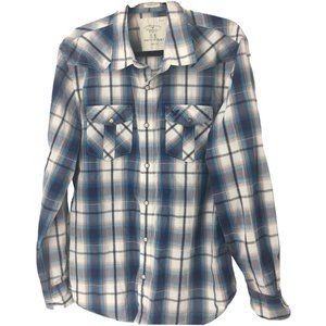 AE Outfitters Pearl Snap Button Shirt Blue White Plaid Western Cotton Sz XL